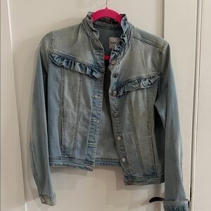 Kensie Light Blue Jean Jacket with Ruffle Trim